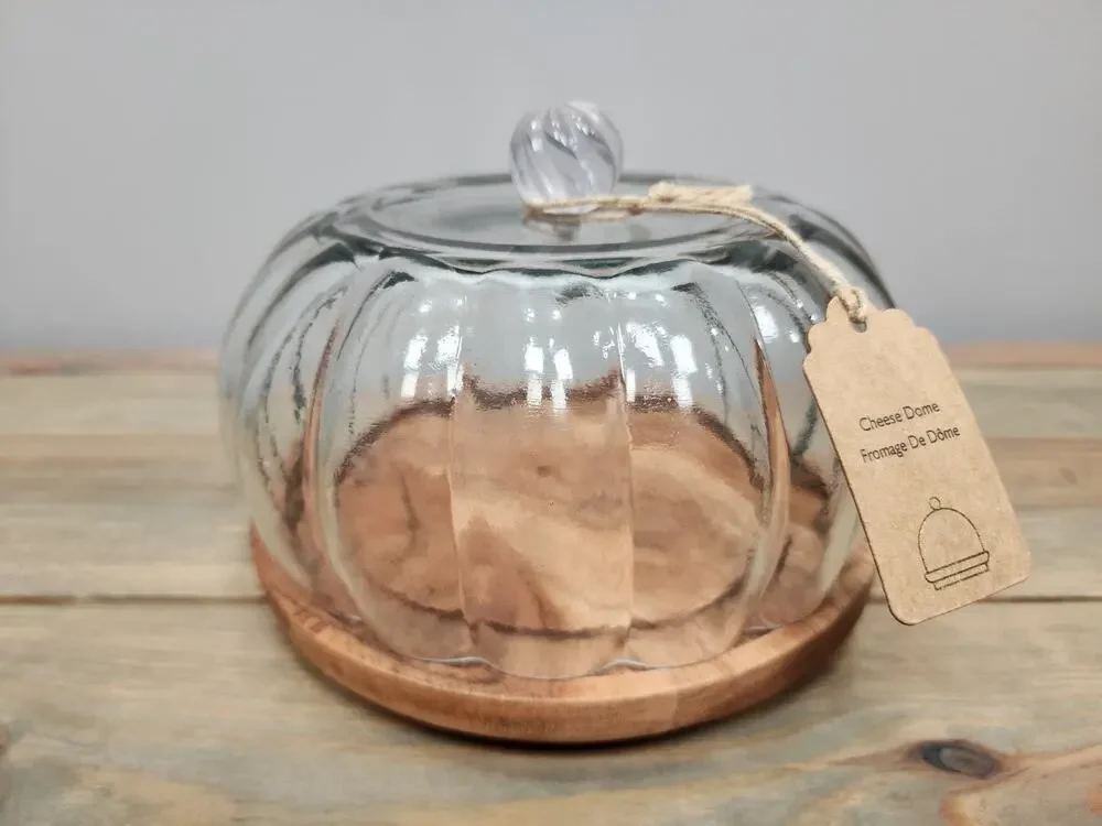 Cheese Dome Glass Lid Wooden Footed Base Cheese Display
